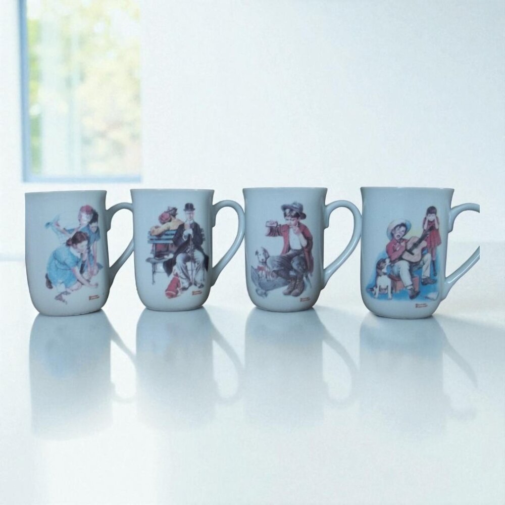 Norman Rockwell 1981 Coffee Cups Vintage Set of 4 Collectible Porcelain Mugs T6